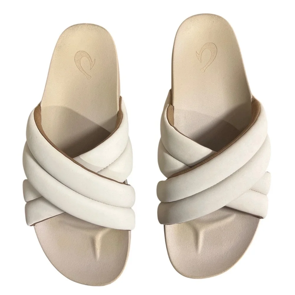 OluKai Mi'i Womens Leather Puffy Crisscross Slide Sandals Bone‎ White Size 10